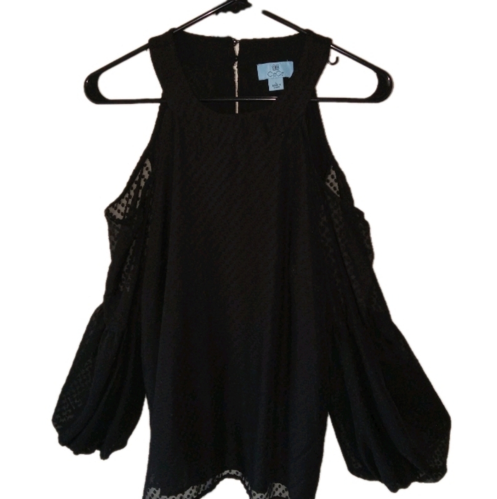 Nwt Cece Black Cold Shoulder Balloon Sleeve Sheer Top Large